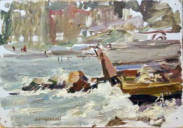 151. Картина. Лодка в парке. Картон, масло. Бантиков А. С. СССР Сер. XX века